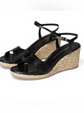 Stuart Weitzman Black Leather Espadrille Wedge Sandals